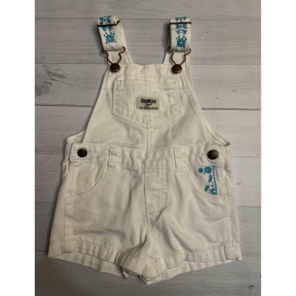 OshKosh B'Gosh Baby girls white shortalls overalls with embroidered flower 12m